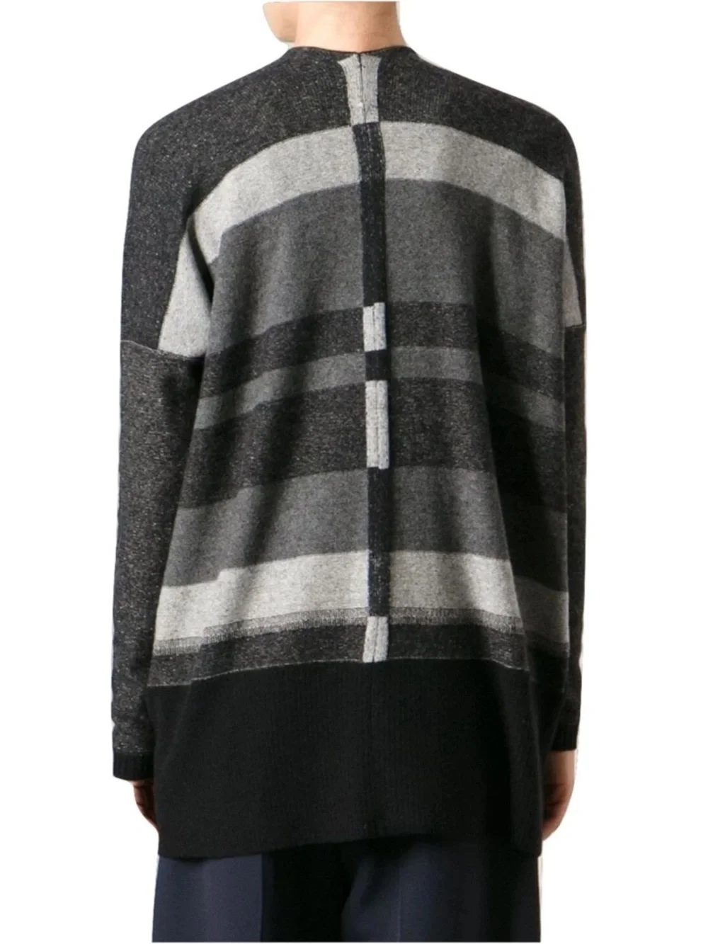 Vince Variegated Stripe Oversized Cardigan Black Gray Cashmere Blend Sweater S